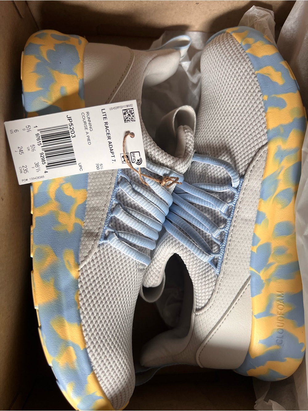 adidas Kids' Lite Racer Sneakers - Light Gray with Blue & Yellow Sole